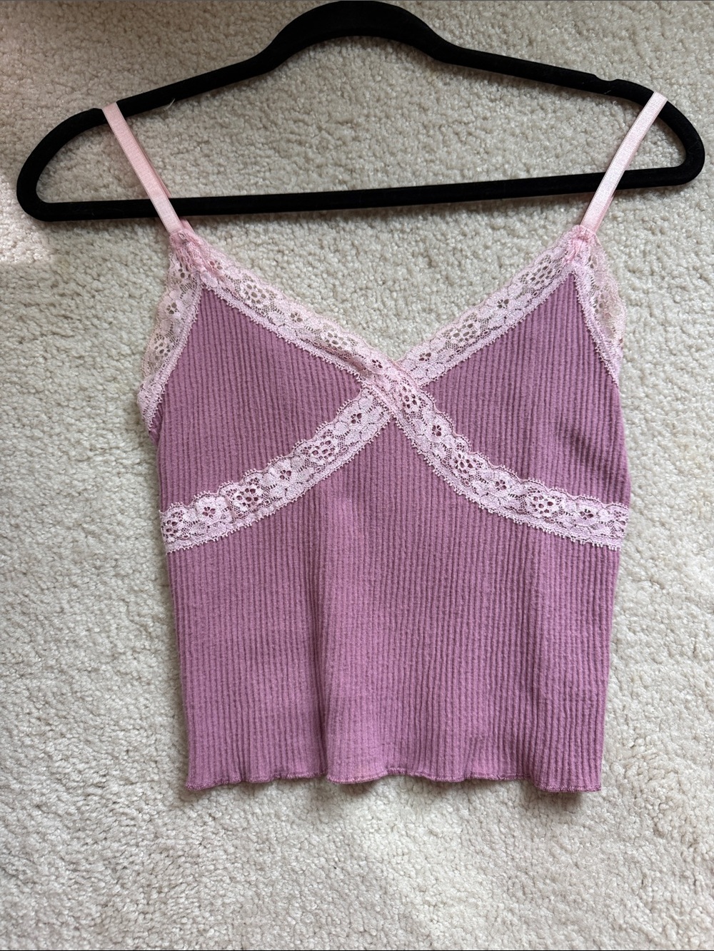 BDG Dusty Pink Ribbed Lace-Trim Camisole